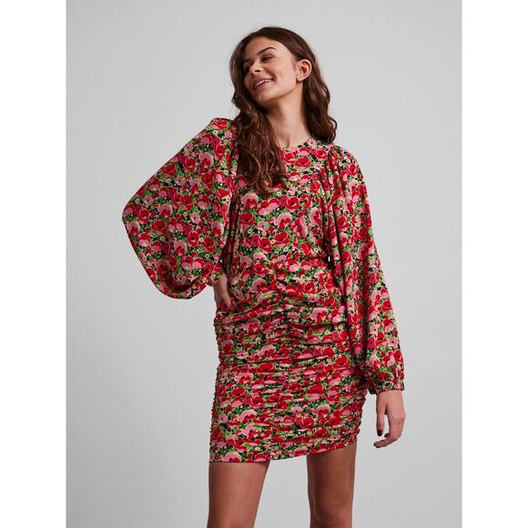 Pieces Pcola Mini Dress Ruched Long Balloon Sleeve Floral Print Sz. S NEW - Picture 1 of 14